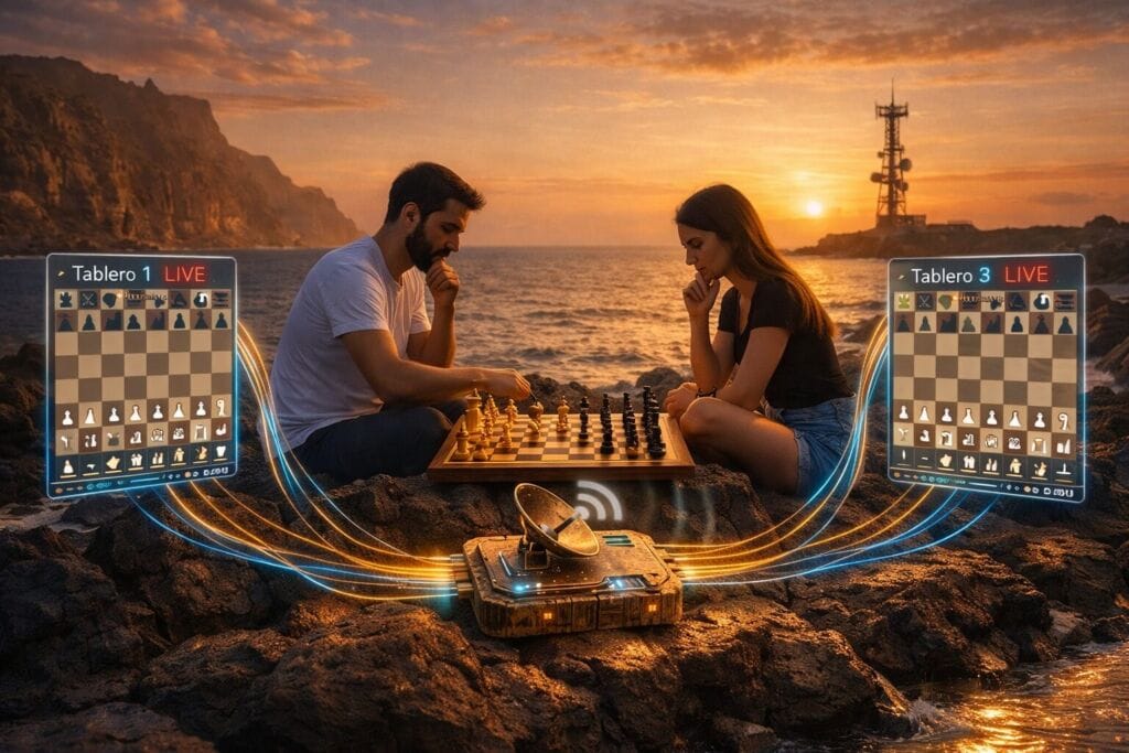 Two people sit on rocky shore at sunset, playing chess on glowing holographic boards with a futuristic device in the foreground.”] ,