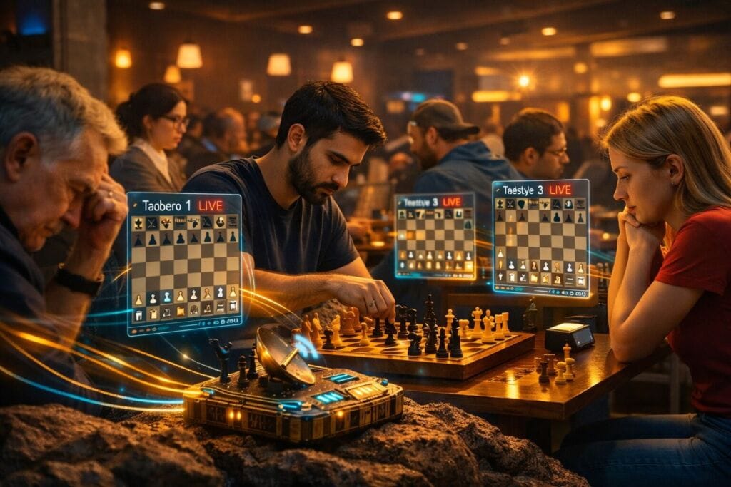 Three players sit at a wooden chess table in a cozy, dimly lit cafe; holographic boards display live games labeled Taobero 1, Taestyle 3, showing moves as others watch in the background.